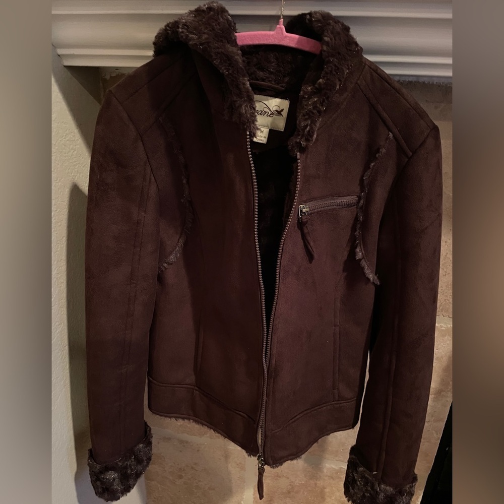 Grane Womens Faux Suede fur lined hooded Brown Crop Jacket Y2K Moto Casual M
